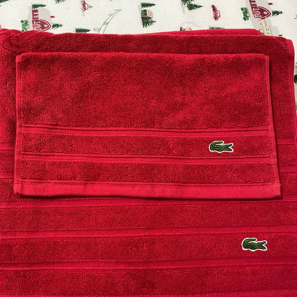 Lacoste Red Bath Towel Set 100% Cotton 30" x 52"  13” X 13” Big Crocodile Logo